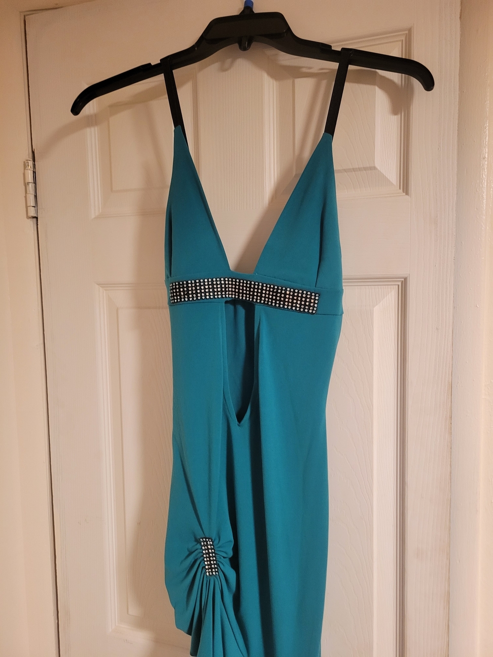 Women's Teal V-Neck Evening Dress with Embellished Waist
